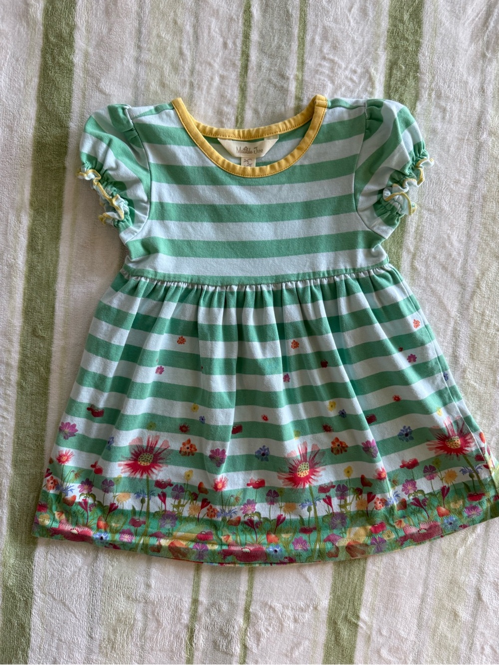 Matilda Jane Mint and White Stripe Dress with Floral Border and Yellow Trim